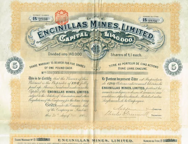MEXICO ENCINILLAS MINES stock certificate/bond 1904 5 SH