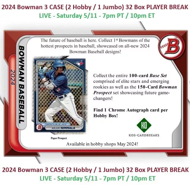 KODAI SENGA NYM 2024 Bowman 3 CASE (2 Hobby/1 Jumbo) 32 Box BREAK 2 2