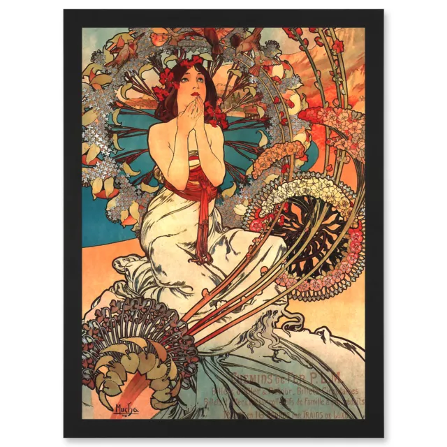 Painting Mucha Nouveau Woman Spring Floral A4 Framed Wall Art Print