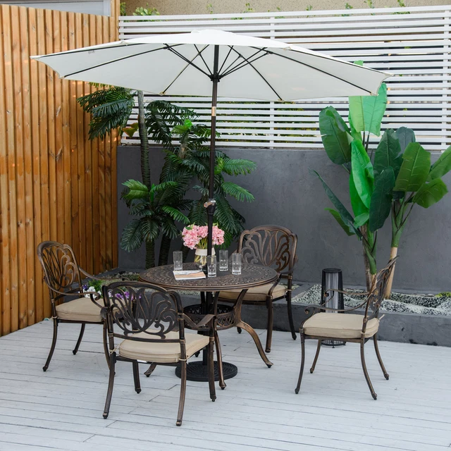 4 Seater Dining Set with Cushions Round Dining Table with Parasol Hole, Bronze