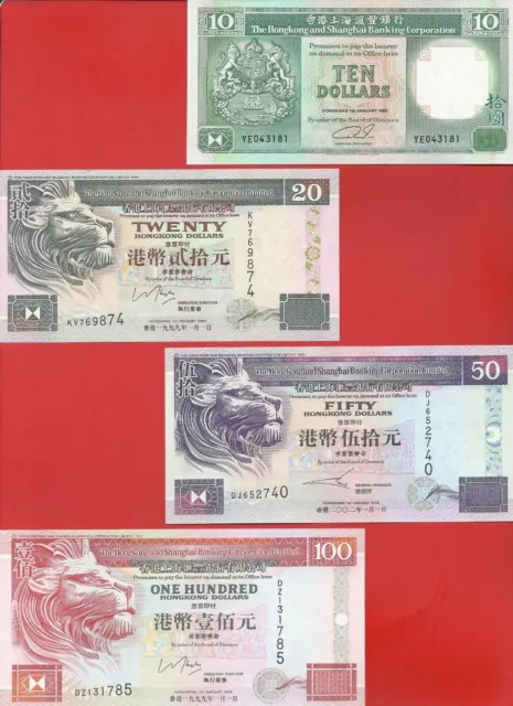 Hong Kong $10 20 50 100 HSBC 1992-02 set of 4 Uncirculated