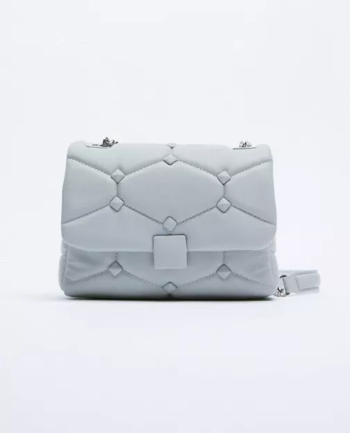 Nwt Zara Quilted & Studded Crossbody Bag In Light Blue