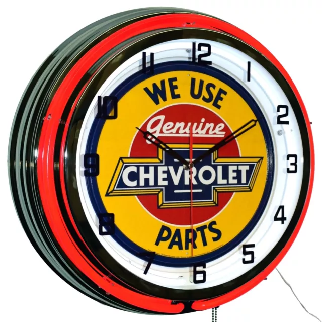 19" We Use Genuine Chevrolet Parts Sign Double Neon Clock Garage Decor (Red)