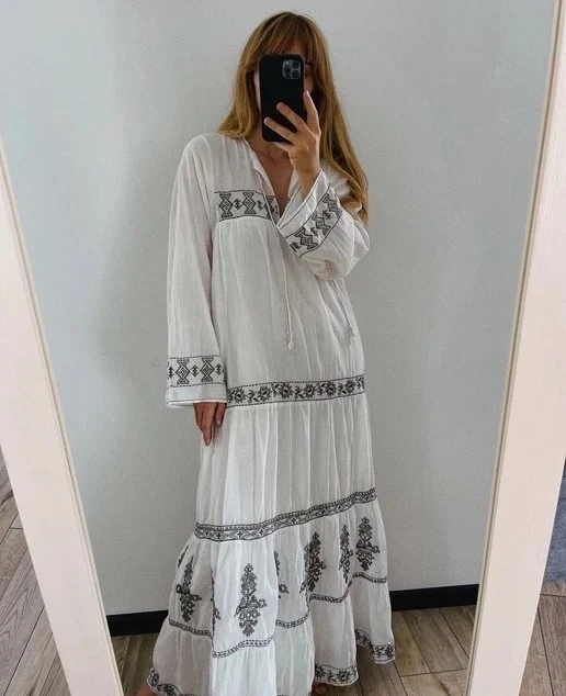 ZARA EMBROIDERED VOLUMINOUS Dress Loose Fitting Oyster White 6895/045  Medium M 34.99 - PicClick UK