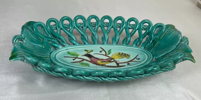 Ancien vintage joli plat ajouré tressé décor floral et oiseau 2