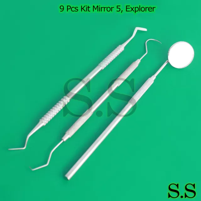 9 Pcs Kit Mirror 5, Explorer23/17 & Heidemann 3 Dental Examination Hygiene Clean