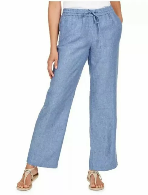 Charter Club Womens Linen Straight Leg Lined Blue Pull on Pants Plus Sz 3X