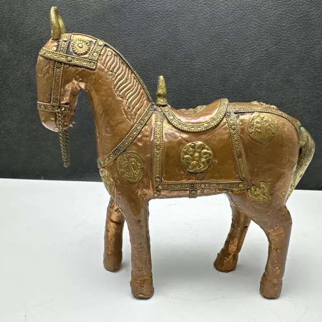 Marwari War Horse Asian Ornate Metal Brass Covered Wood Hand Hammered Vintage 2