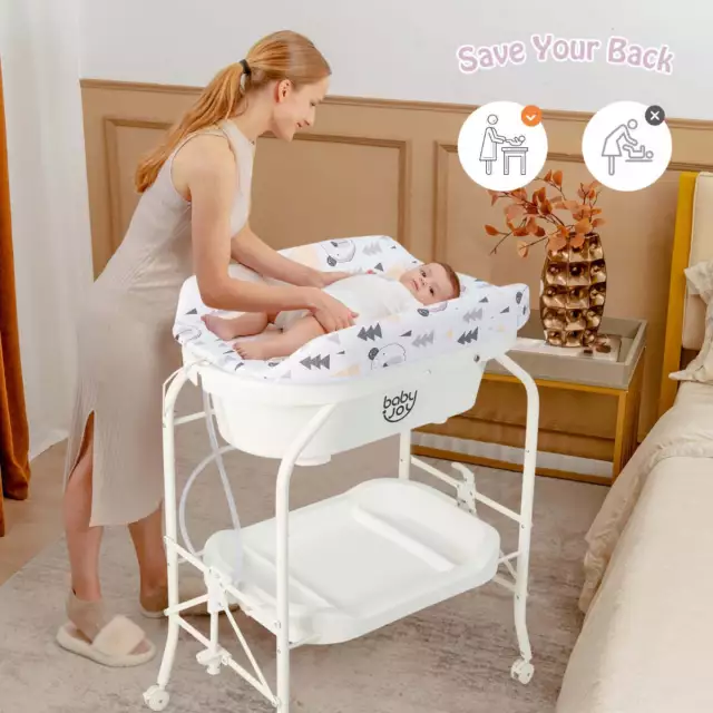 Portable Baby Changing Table with Bathtub on Wheels with Waterproof Changing Pad