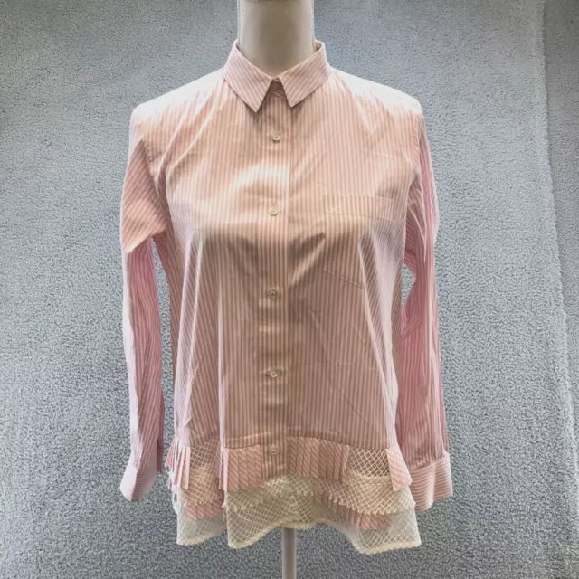 Sacai Blouse Button Up Shirt Womens 2 Pink White Stripe Mesh Pleated Long Sleeve