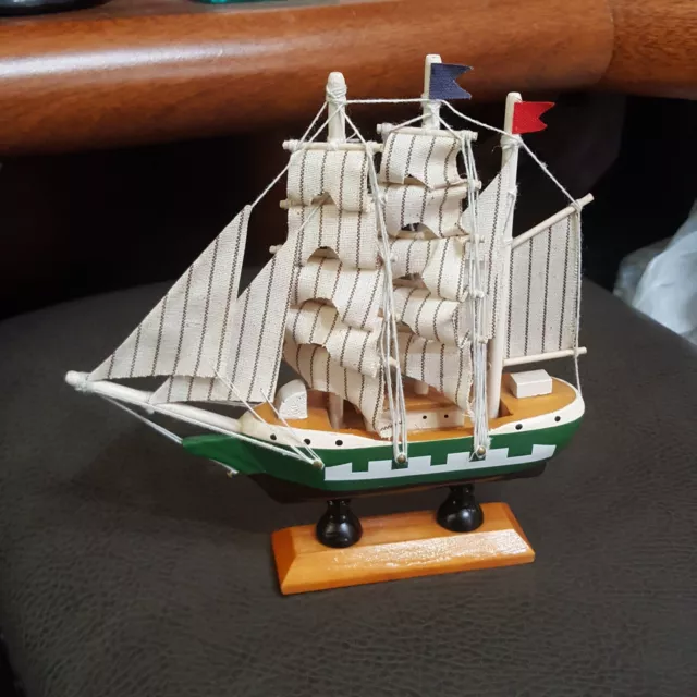 6" Wooden Triple Masted Sailing Ship Nautical Decor Model Sailboat Green Boat 3