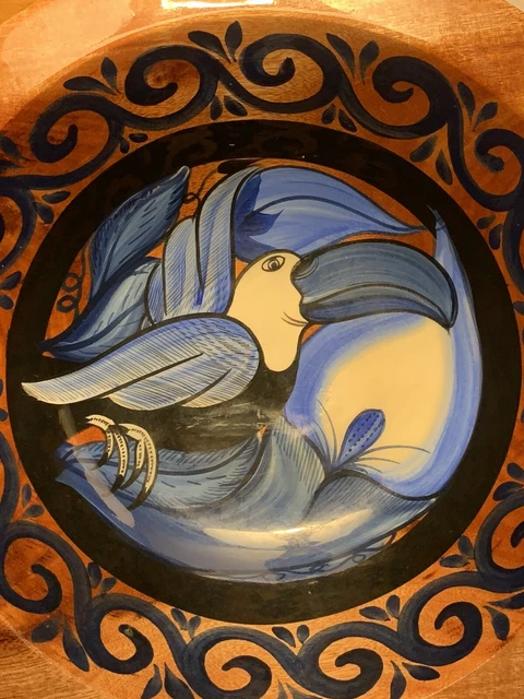 Handcrafted Painted WOODEN BOWL Blue Bird Toucan w/ Colorful Swirls Lacquered