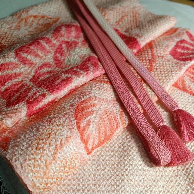 OBIJIME & OBIAGE Set Silk Pink Flower Japanese Kimono Houmongi Shibori Furisode