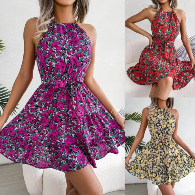 Women's Sleeveless Party Mini Dress Floral Halter Summer Beach Swing Sundress