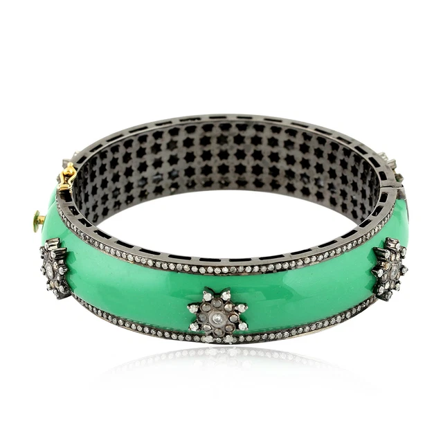 Natural Rosecut Diamond 925 Sterling Silver Wedding Enamel Bangle