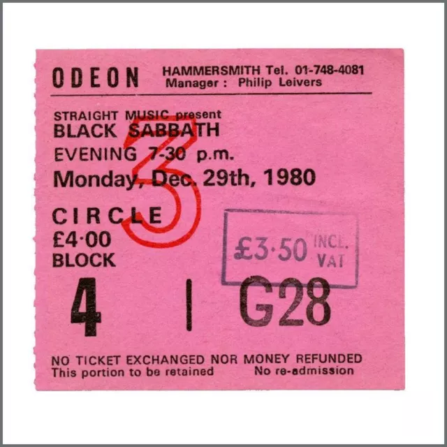 Black Sabbath Odeon Hammersmith 1980 Concert Ticket Stub (UK)