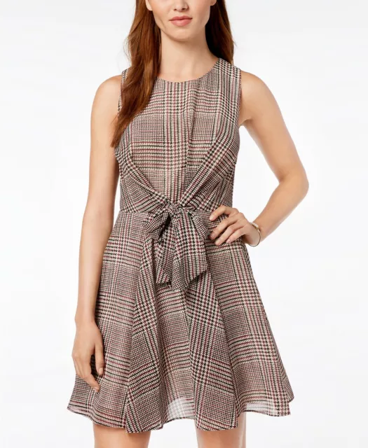 Maison Jules Retro Tie Front Fit & Flare Dress Womens 10 New $69 Brown Plaid