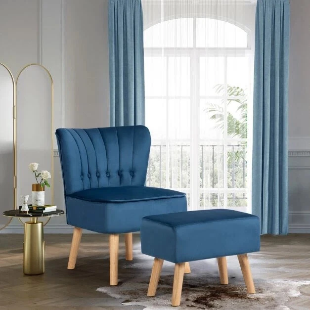 Sedia in velluto delicato sulla pelle con poggiapiedi, Sedia senza bracciolo Blu
