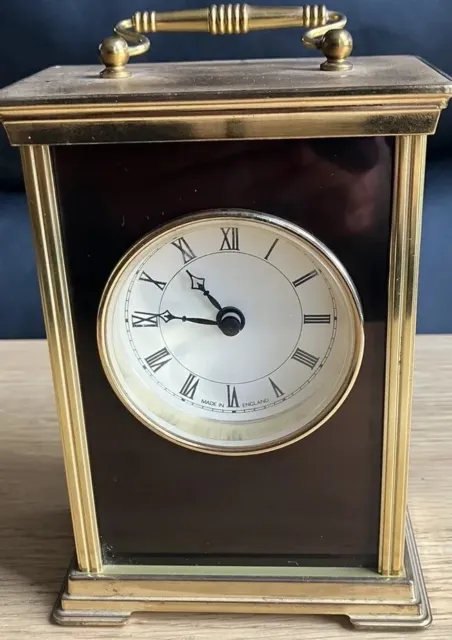 Quality English brass quotes carriage clock panelled 15 cm On Feet Fully Tested