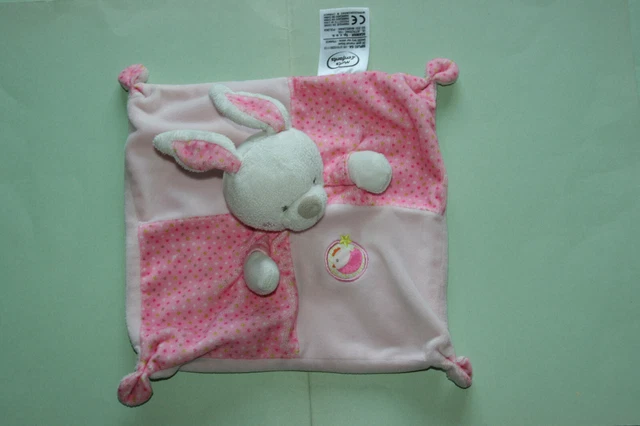 Mots D'enfants Doudou Lapin Plat Rose Blanc Oiseau Pois Excellent Etat