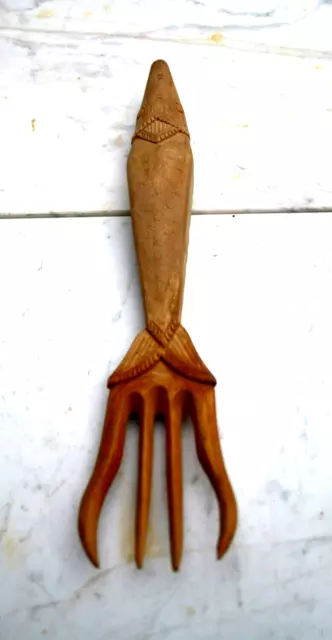 Vintage Thick Hand Carved Wooden Fish Salad Serving Fork Rustic Indonesia