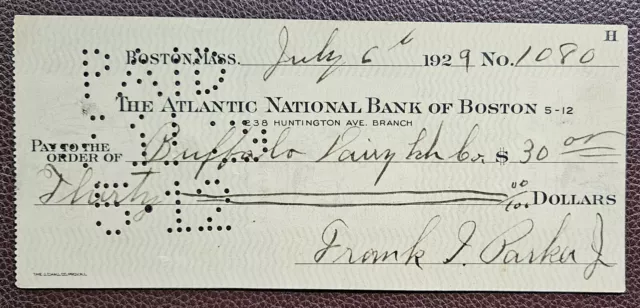 1929 The Atlantic National Bank of Boston, Huntington Ave. Branch USA Cheque