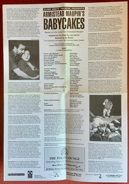 Clyde Unity Theatre Presents ARMISTEAD MAUPIN’S BABYCAKES - Programme 1997