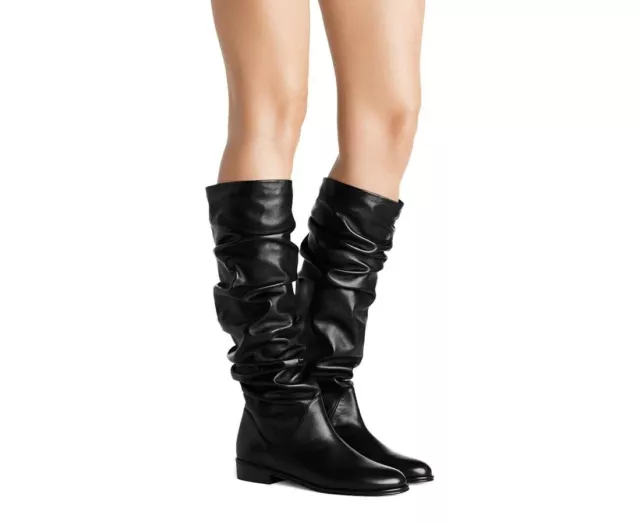 6.5❤️Stuart Weitzman Flat Slouchy  BLACK LEATHER  BIKER RIDING MOTO TALL BOOTS 2