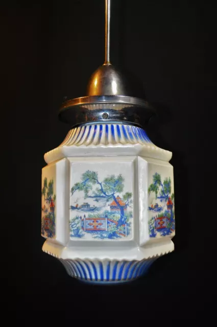 Vintage art deco hand-painted Opaline glass pendant ceiling light French C-1920s