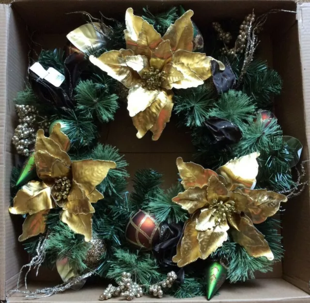 Pier 1 Imports 28" Christmas Wreath Gold Poinsettia Glitter Ornaments NWT