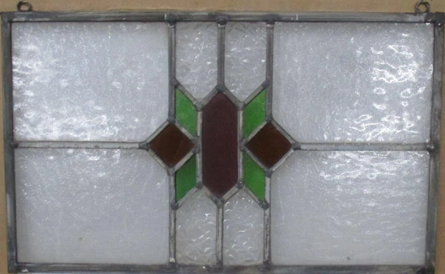 OLD ENGLISH LEADED STAINED GLASS WINDOW Unframed w Hooks Cute Geo 17" x 10.75"