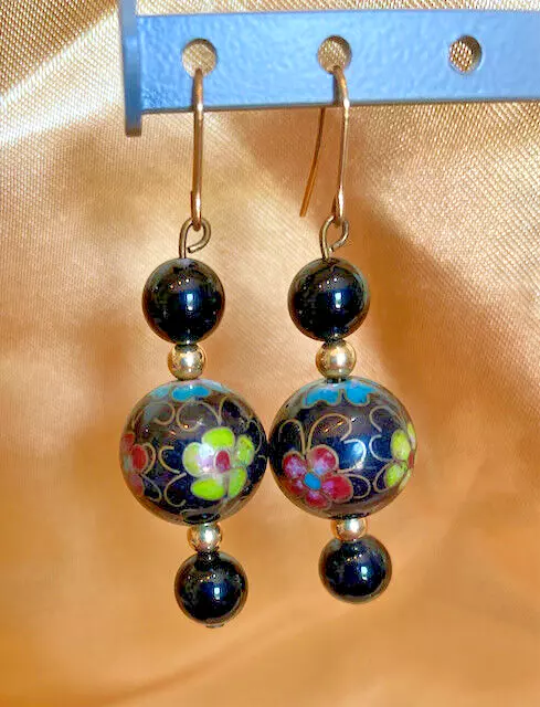 Vintage Multicolored Cloisonné Enamel Flowers on Black Bead Dangle Drop Earrings