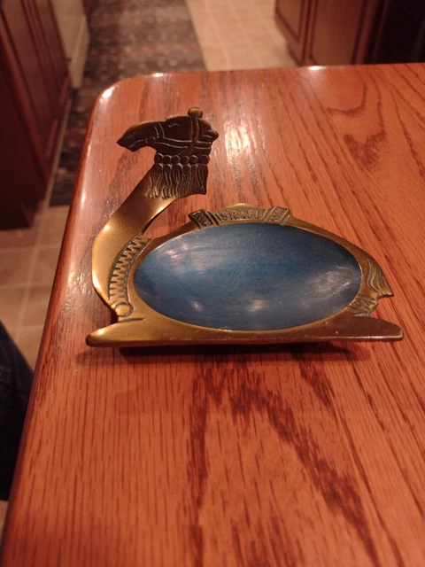 Vtg Hakuli Israel Camel Enamel Green Brass Ashtray