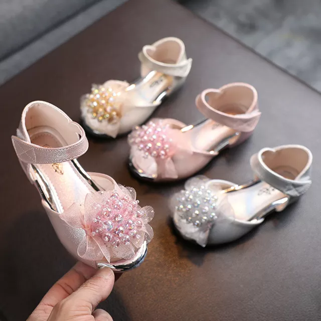 Toddler Kids Baby Girls Peep Toe Pearl Princess Party Shoes Leather Sandals