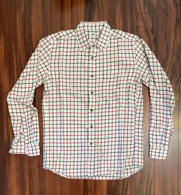 Uniqlo Flannel White with Red/Navy Large Check Long Sleeve Shirt Medium