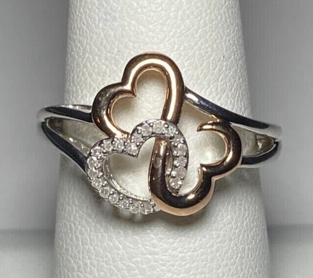 14KRG/.925 Sterling Silver Genuine Diamond Open Hearts by Jane Seymour Ring SZ 8