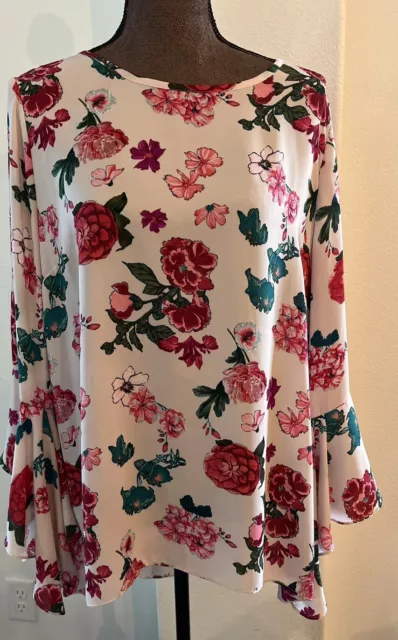 Vince Camuto Top Womens Large Pink Floral Print  Long Sleeve Blouse Ladies