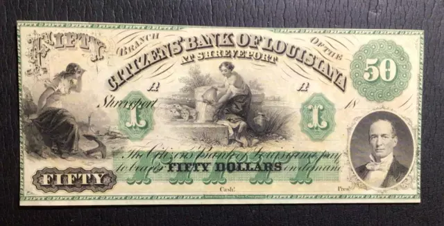 1800s US "Shreveport, Louisiaina" "LARGE SIZE" Currency! AU Beauty!
