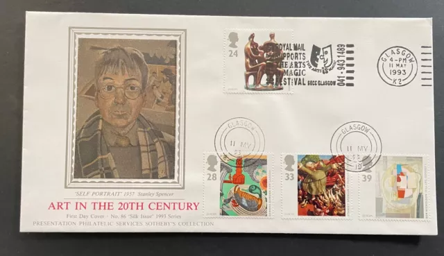 1993 Art in the 20th Century PPS Silk FDC. Unaddressed with Glasgow CDS & Slogan