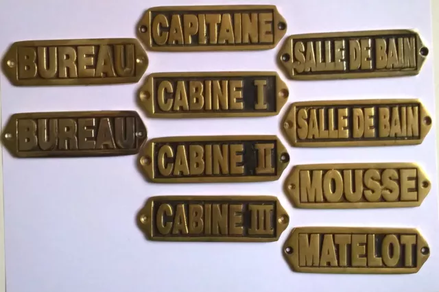 Lots de 10 plaques de porte de bateau vintage en laiton décor marine nautique