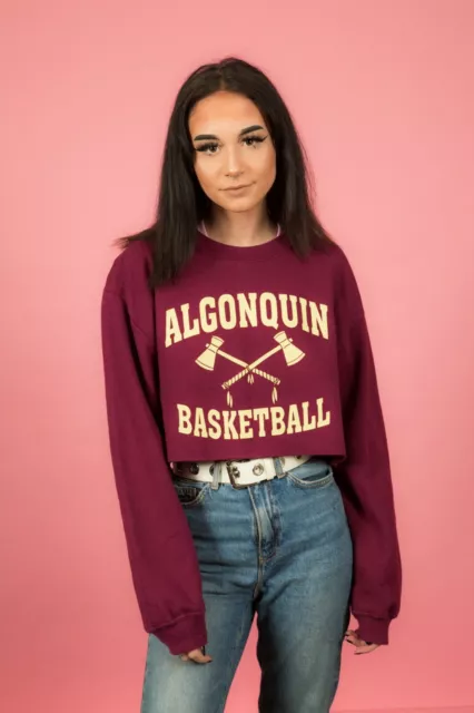 Reworked cropped vintage burgundy & white Algonquin Basketball sweatshirt jersey