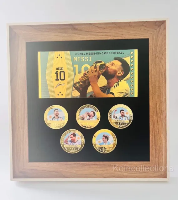 Lionel Messi x5 Gold Plated Coins & Note In A Display Frame - Football