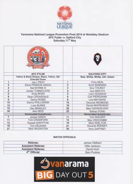 PLAY OFF FINAL 2019 NATIONAL LEAGUE FYLDE v SALFORD TEAMSHEET