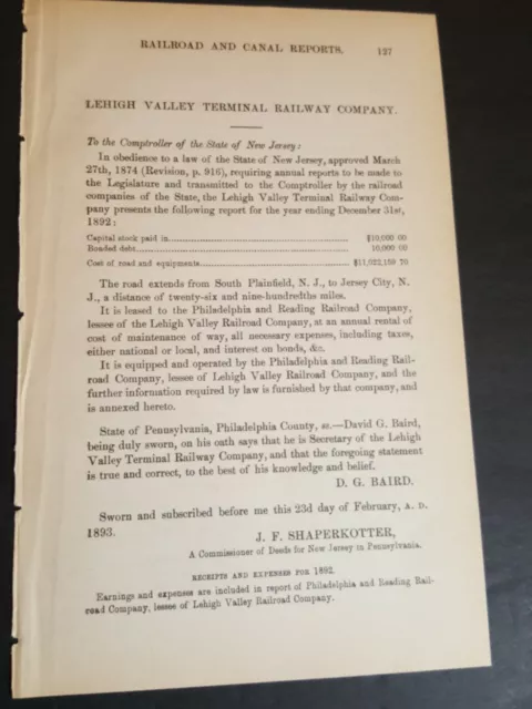 1893 New Jersey train document LEHIGH VALLEY TERMINAL RAILWAY South Plainfield