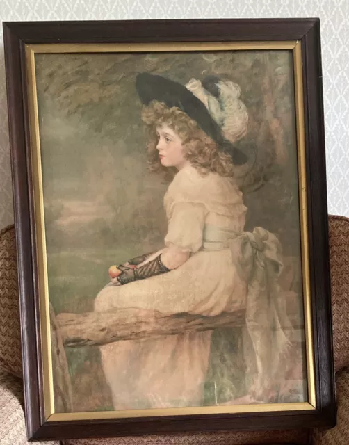 Lge Victorian Vintage Oak Picture Frame with Gold Slip 22”x29.5” &Original Print