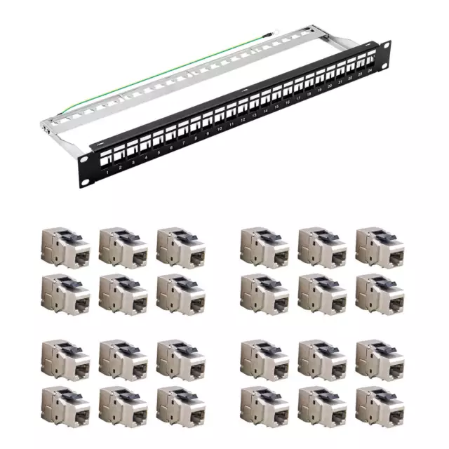 24x RJ45 Keystone Cat.6a 500Mhz 10Gbit werkzeuglos + 19" Verteilerfeld 24-Port