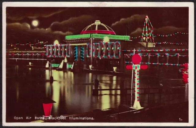 Postcard, Open Air Baths, Blackpool Illuminations, Lancashire, Rp.