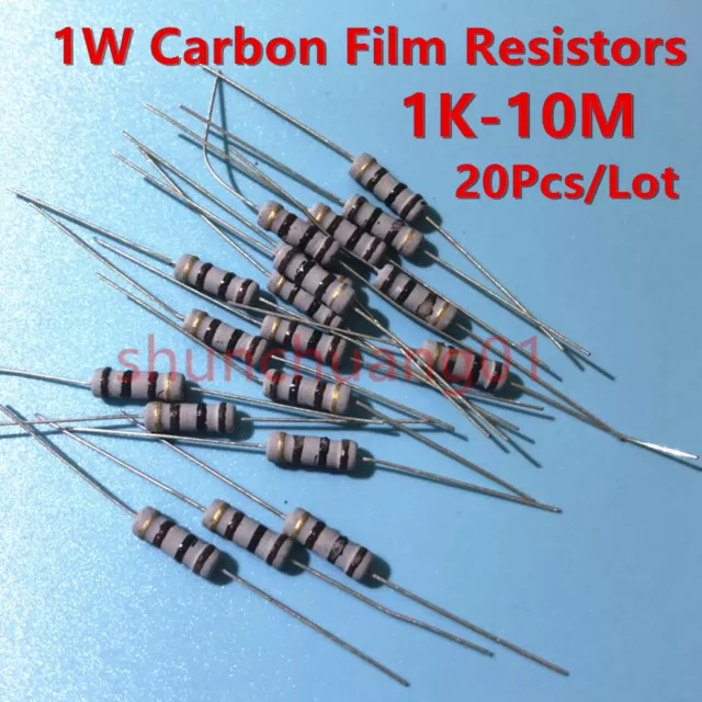 20Pcs 1W Carbon Film Resistors 1K-10M 4.7K 10K 100K 22K 47K 2.2K 1M  220K ±5%