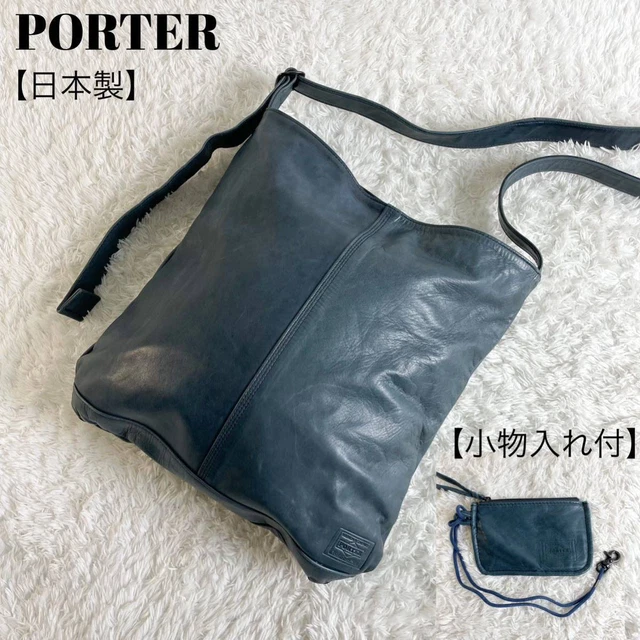 Porter Shoulder Bag Leather Navy Logo Engraved Small Item Case Japan PORTER Sh