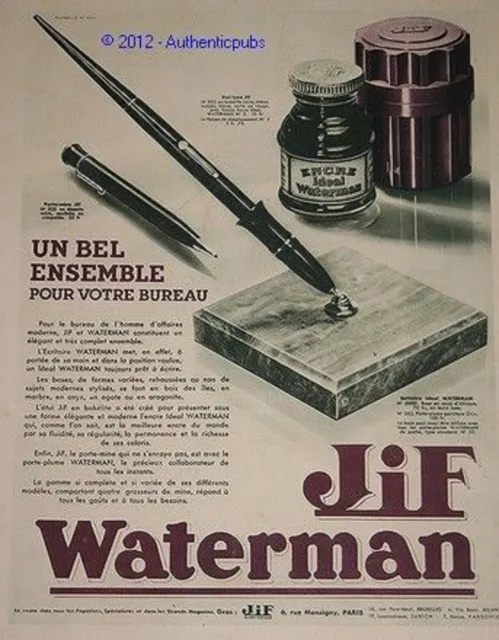 Publicite Jif Waterman Encre Stylo Ecritoire Etui Luxe De 1932 French Ad Pen Pub